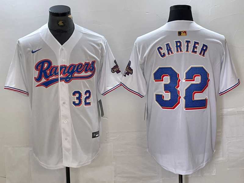 Mens Texas Rangers #32 Evan Carter Number White 2023 World Series Champions Cool Base Jerseys->texas rangers->MLB Jersey